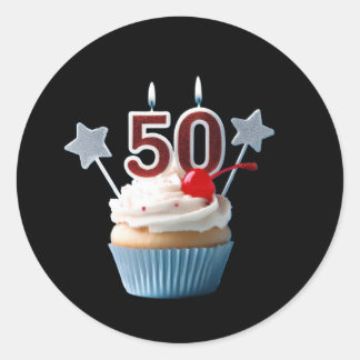 Sticker Rond Gâteau de 50 ans avec bougies allumées 