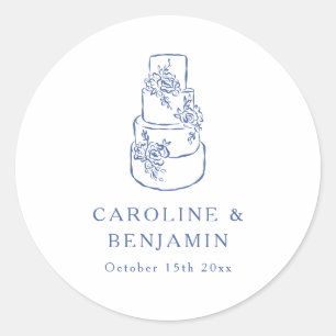 Sticker Rond Gâteau de mariage minimaliste Doodle bleu français