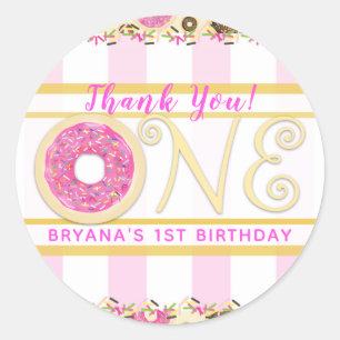 Sticker Rond Gâteau Donut aux Paillettes Roses pour la 1ère Fêt