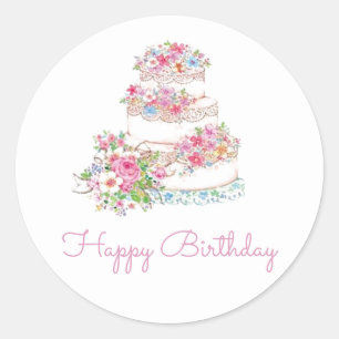 Sticker Rond Gâteau floral d'aquarelle joyeux anniversaire