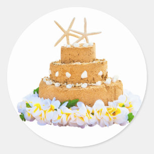 Sticker Rond Gâteau Mariage de sable de plage avec fleurs