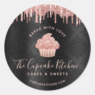 Sticker Rond Gâteau noir cuit avec amour Rose Gold Cupcake Pail