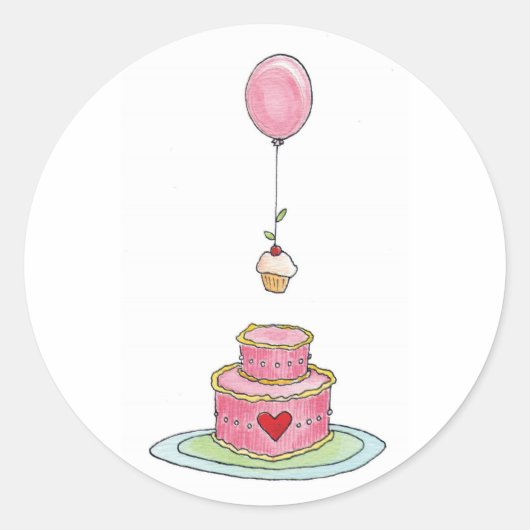 Sticker Rond Gâteau rose avec ballons et cupcake (Devant)
