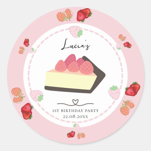 Sticker Rond Gâteau Rose Clair et Fête de Premier Anniversaire  (Devant)
