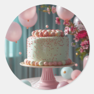 Sticker Rond Gâteau Rose Et Ballons