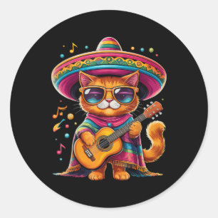 Sticker Rond Gatos Avant Vatos Chat Mexicain Poncho Fiesta Cinc