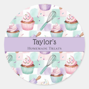 Sticker Rond Gaufrette aquarelle Cupcake Lavande Turquoise
