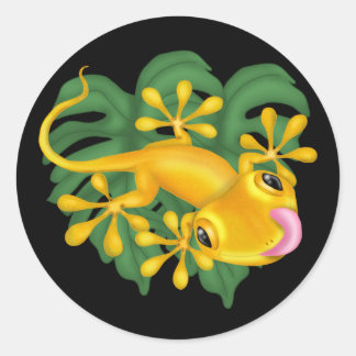 Sticker Rond Gecko Jaune Sur Stick Rond Feuille Vert