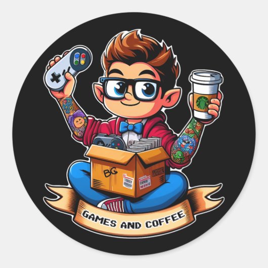 Sticker Rond Geek de jeux et de café (Devant)