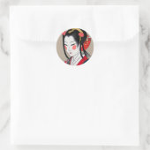 Sticker Rond Geisha En Kimono Bleu Rouge | Art japonais Ukyio-e (Sac)