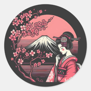 Sticker Rond Geisha japonais Mont Fuji Cerry Blossom Trees