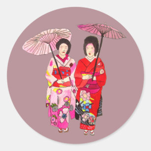 Sticker Rond Geisha mignon japonais avec le kimono rose