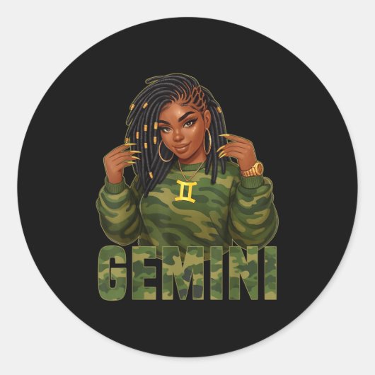 Sticker Rond Gemini Queen Loc'd Black Woman Camo Zodiac Sign (Devant)