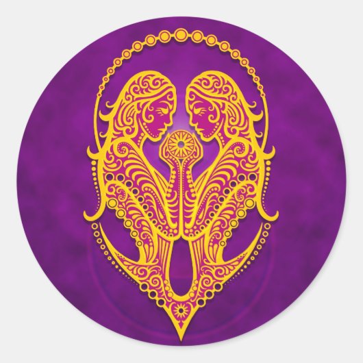 Sticker Rond Gemini tribale violette et jaune complexe (Devant)