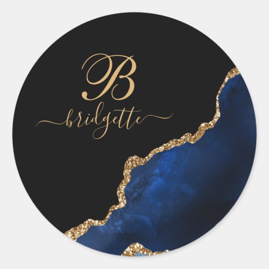 Sticker Rond Géode moderne Blue Black Gold Agate (Devant)