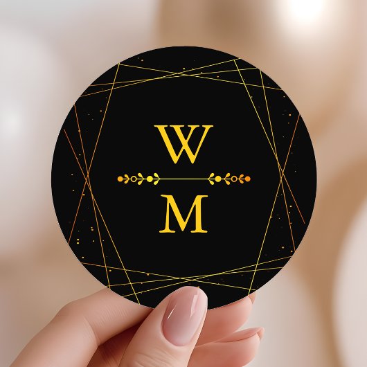 Sticker Rond Geometric Black and Gold Monogram Wedding Favor