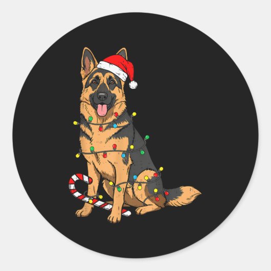 Sticker Rond German Shepherd Dog Christmas Lights Xmas Pet Dog (Devant)