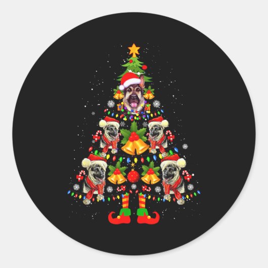 Sticker Rond German Shepherd Dog Santa Hat Christmas Tree Xmas (Devant)