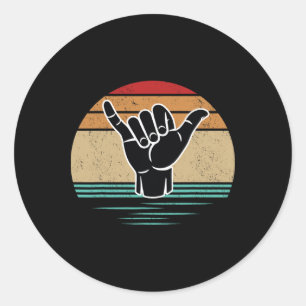Sticker Rond Geste de main drôle de surfeur Shaka Vintage Rétro