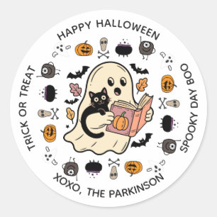 Sticker rond Ghost & Chat - Lecture d'Halloween