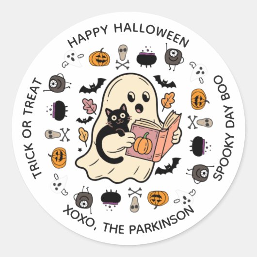 Sticker rond Ghost & Chat - Lecture d'Halloween (Devant)