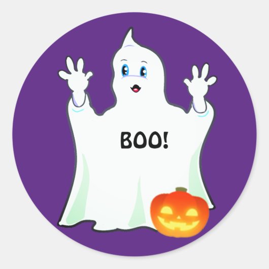 Sticker Rond Ghost & Citrouille d'Halloween mignon sur violet (Devant)