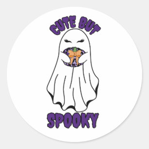 Sticker Rond Ghost d'Halloween mignon mais Éffrayant tenant un