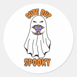 Sticker Rond Ghost d'Halloween mignon mais Éffrayant tenant un