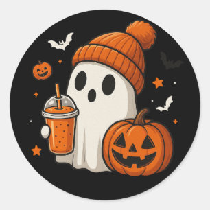 Sticker Rond Ghost d'Halloween mignonne avec Citrouille et boir