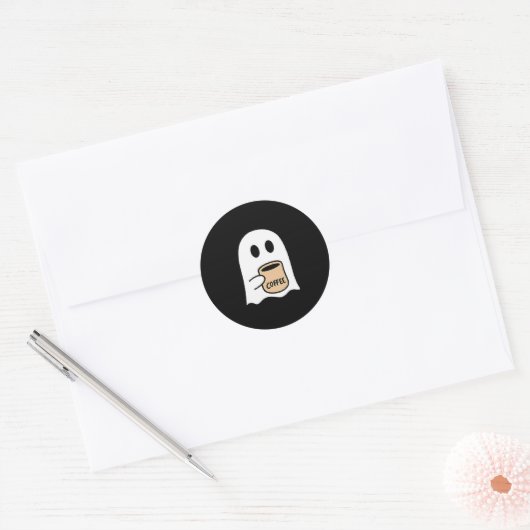 Sticker Rond Ghost Drinking Coffee Funny Halloween Costume Coff (Enveloppe)