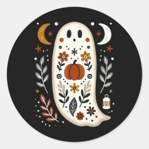 Sticker Rond Ghost Folal Art Floral Automne Automne Citrouille