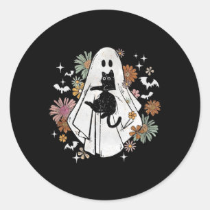 Sticker Rond Ghost Holding Chat noir Super Floral Halloween Go