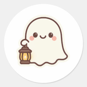 Sticker Rond Ghost Kawaii avec lanterne - Design d'esprit migno