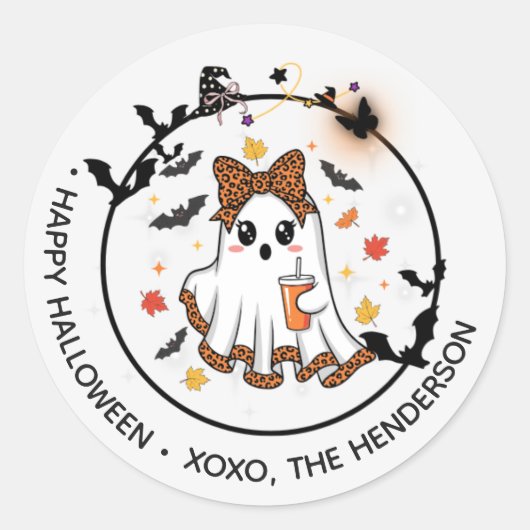 Sticker rond Ghost mignon - Halloween Bow & Bats (Devant)
