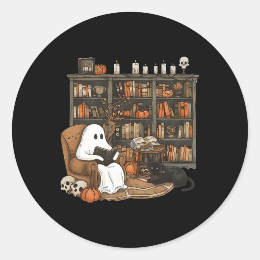 Sticker Rond Ghost Reading Livres Librairie Enseignant Hallowee (Devant)