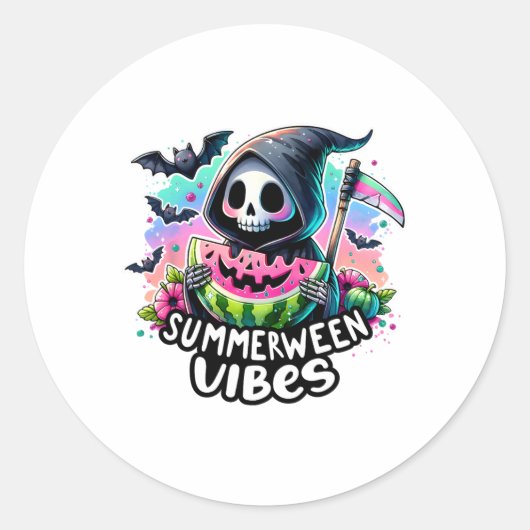 Sticker Rond Ghost Summerween Vibes Watermelon Citrouille Summe (Devant)