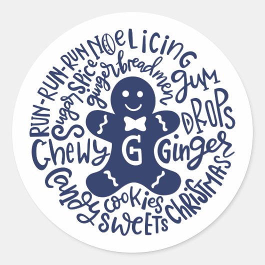 Sticker Rond Gingerman Noël hiver Candy Typographie BLEU (Devant)