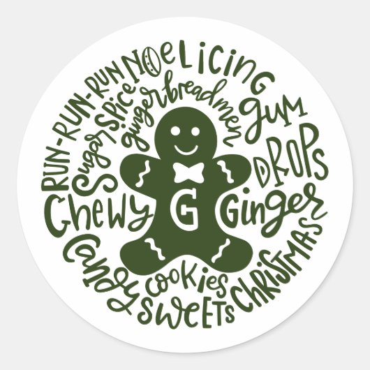 Sticker Rond Gingerman Noël hiver Candy Typographie VERT (Devant)