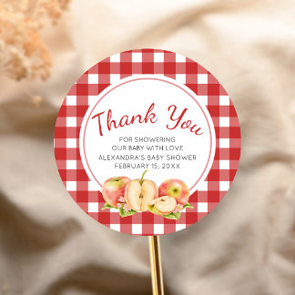 Sticker Rond Gingham Apple of Our Eye Baby Shower