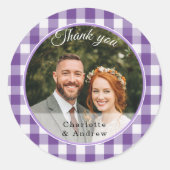 Sticker Rond Gingham Violet Merci Photo (Devant)