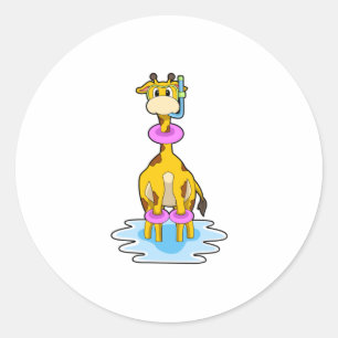 Sticker Rond Girafe à la natation avec anneau de natation
