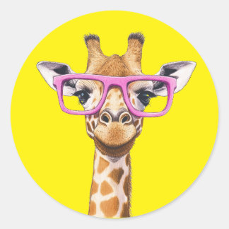 Sticker Rond Girafe avec lunettes roses Jaune Arrière-plan. Aut