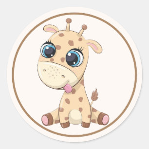 Sticker Rond Girafe bébé adorable aux oreilles roses, pattes,