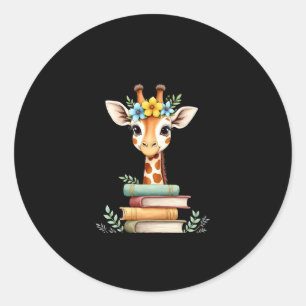 Sticker Rond Girafe Mignonne Avec Livre Floral Bookworm Bibliot