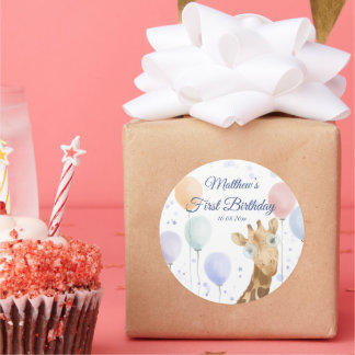 Sticker Rond Girafe Mignonne Garçon Anniversaire 1 an Ballon Co