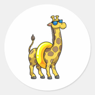 Sticker Rond Girafe sur la plage avec anneau de natation et lun