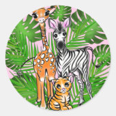 Sticker Rond Girafe zèbre tigre jungle amis (Devant)