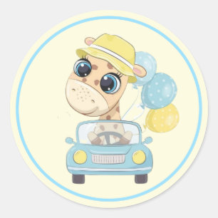 Sticker Rond Giraffe adorable en voiture avec ballons