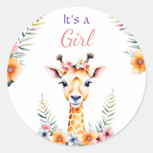 Sticker Rond Giraffe de bébé en fleurs, c'est une fille | BABY  (Devant)
