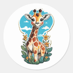 Sticker Rond Giraffe de caricature adorable aux fleurs tropical